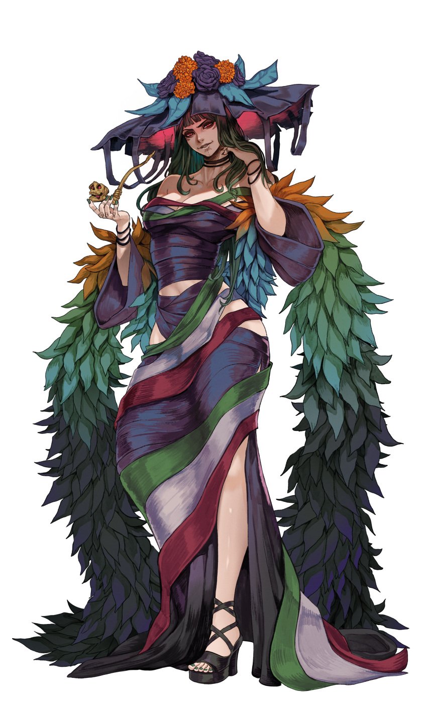 absurdres artist_request bandages breasts collarbone death_(entity) dress evil_smile facial_mark feather_boa feet female fingernails flower flower_ornament full_body green_hair hand_tattoo hat high_heels highres lady_death_(mariachi_legends) large_breasts lips long_dress long_hair looking_at_viewer mariachi_legends marigold mexico nails purple_dress purple_flower purple_rose red_eyes rose sandals sharp_fingernails skull smile smoking_pipe source_request tattoo transparent_background