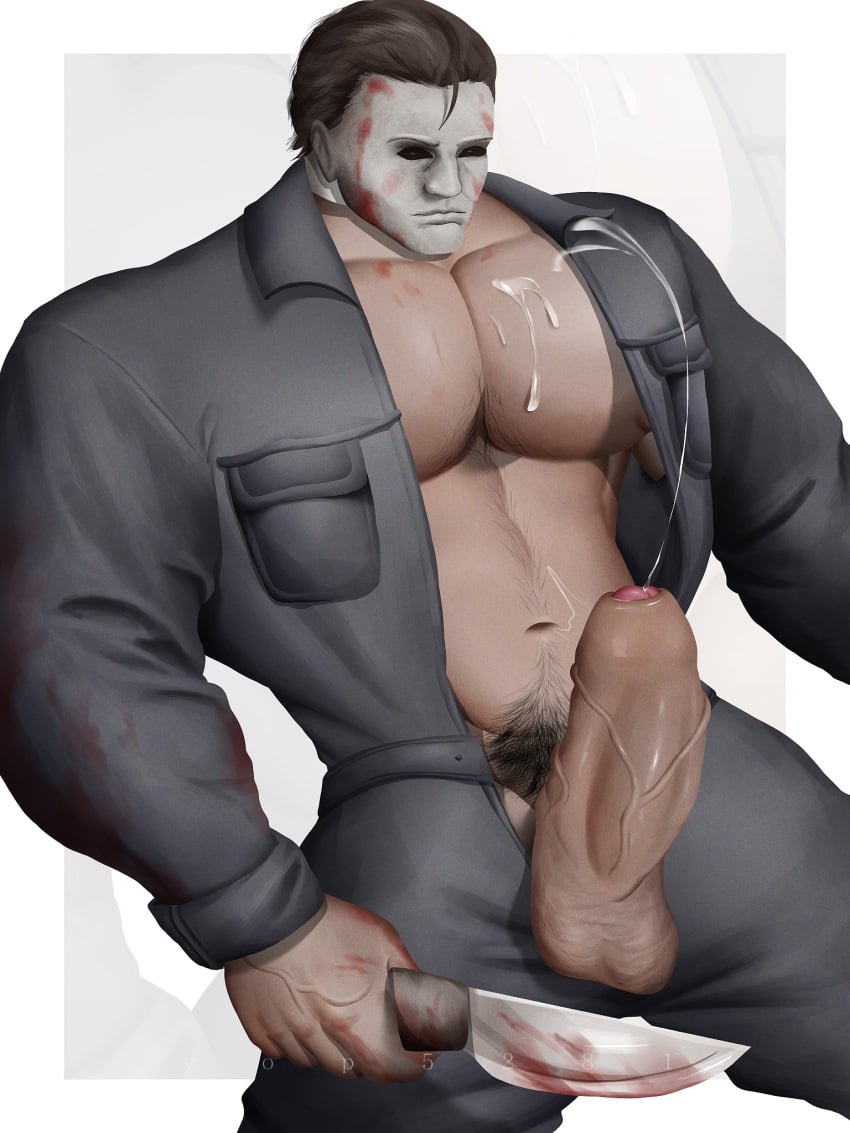 1boy balls bara big_balls big_penis clothing cum cum_drip cum_dripping_from_penis erection genital_fluids halloween halloween_(series) male male_nipples male_only male_pubic_hair michael_myers muscular_male nipples orgasm penis yop5281