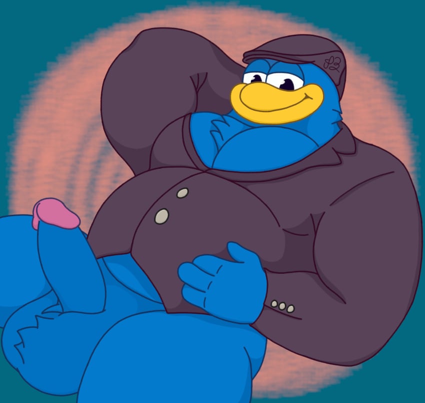 anthro avian ball_tuft balls big_balls big_pecs bird blazer blue_balls blue_body blue_eyes blue_penis bottomless chest_tuft clothed clothing dress_shirt erection flat_cap genitals hat headgear headwear hi_res king_dedede kirby_(series) looking_at_viewer male nintendo overweight overweight_male pecs penguin penis shirt sitting smile solo topwear tuft waniiime_(artist)