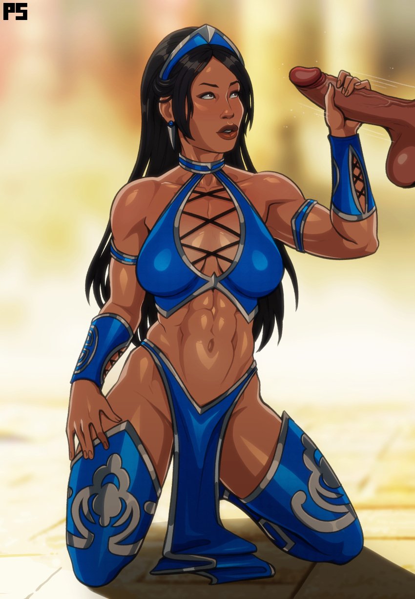 abs alternate_version_available bare_shoulders belly_button big_balls big_breasts big_penis black_hair black_penis blue_clothing boots bracelet breasts brown_eyes cleavage earrings edenian eyebrows eyelashes halterneck handjob kitana kitana_(mk9) kneeling light-skinned_female long_hair looking_at_partner mortal_kombat mortal_kombat_(2011) muscular muscular_female on_knees partial_male pelvic_curtain penis penis_grab princess pumpkinsinclair royalty skimpy skimpy_clothes testicles thick_legs thick_thighs tiara unmasked veiny_penis wide_hips