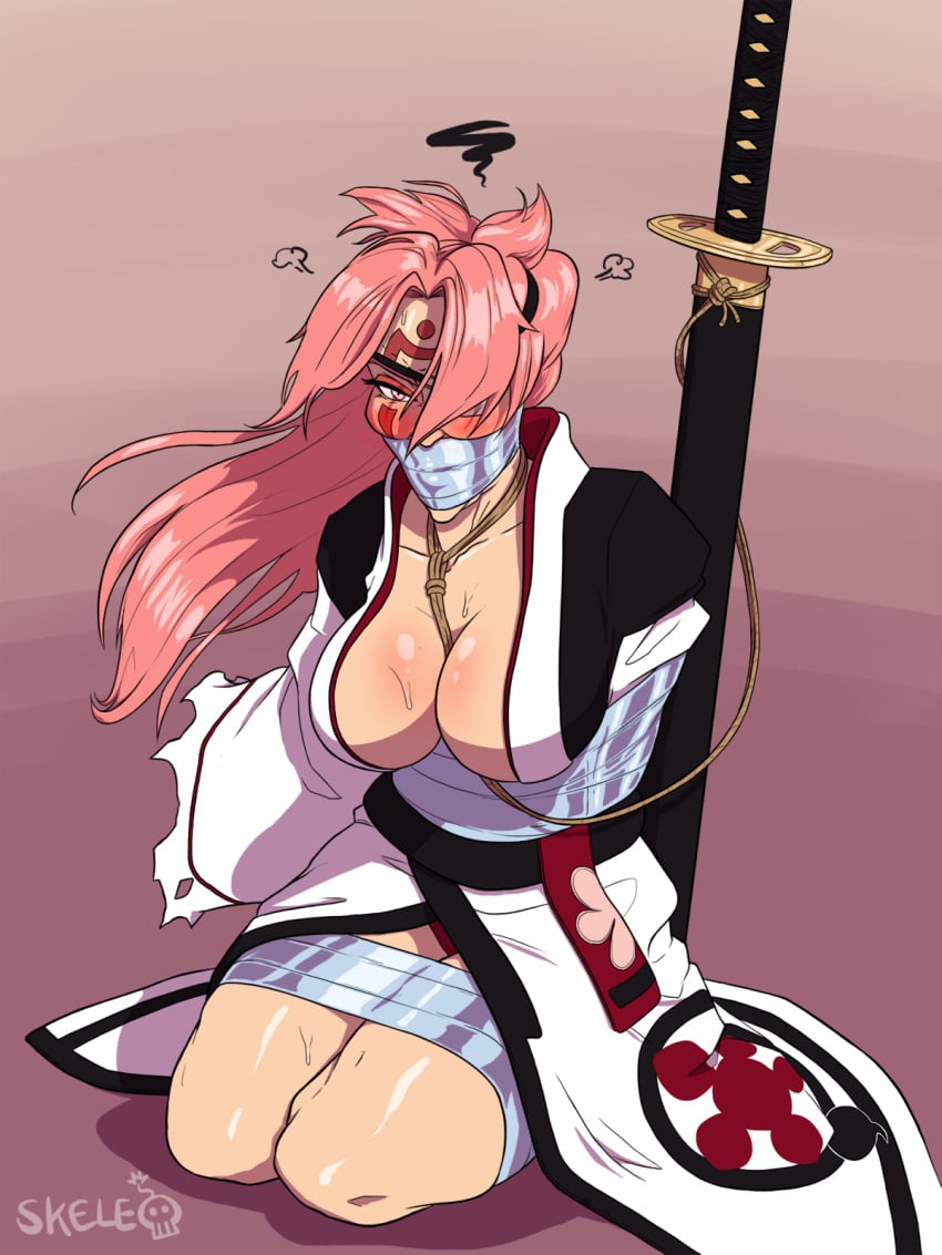 angry baiken big_breasts cleavage eyepatch gag gagged guilty_gear skelebomb sweatdrop tape tape_bondage tape_gag taped_mouth