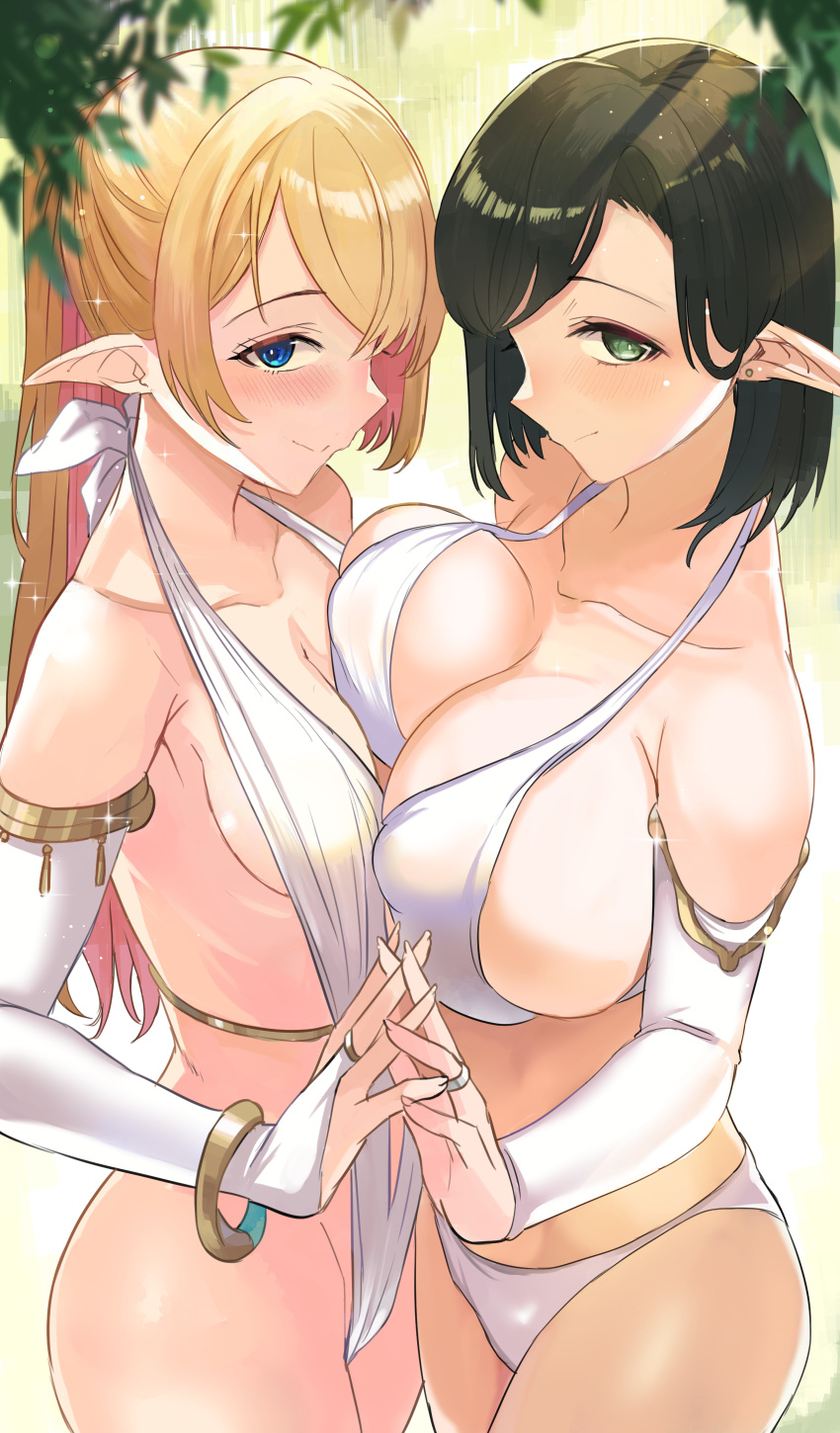 absurdres armlet ashita_(2010) black_hair blonde_hair blue_eyes breasts commission elf forest green_eyes highres irene_(ricky_barnes) large_breasts mature_female maya_(ricky_barnes) nature original pointy_ears revealing_clothes skeb_commission small_breasts yuri