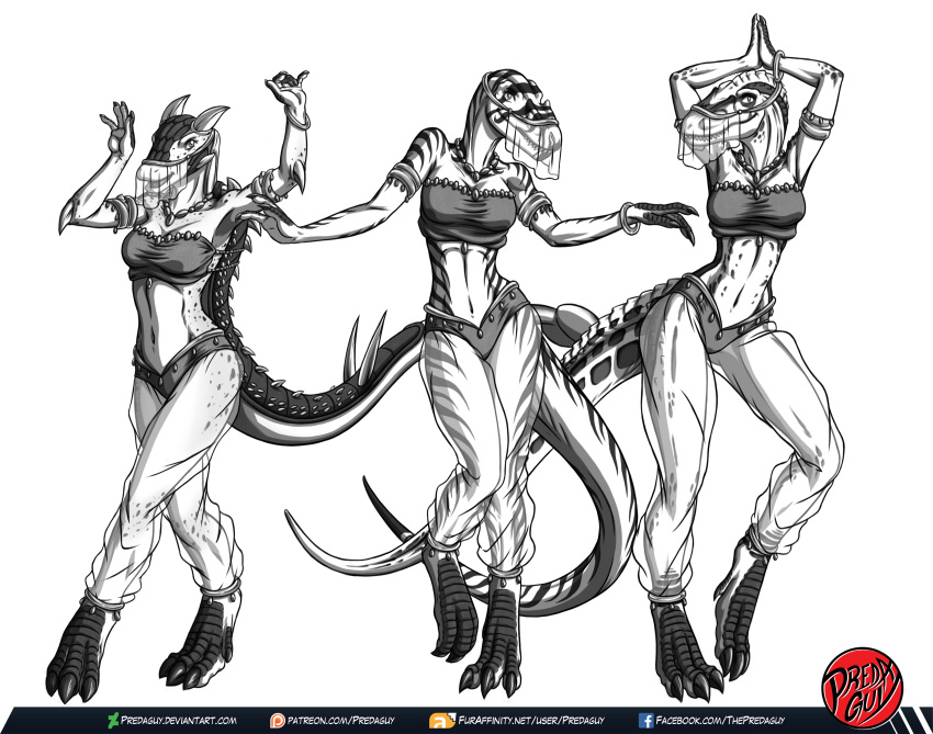 3girls ankylosaurus anthro anthrosaurs belly_dancer belly_dancer_outfit black_and_white dinosaur dinosaur_girl drawn multiple_girls predaguy scalie