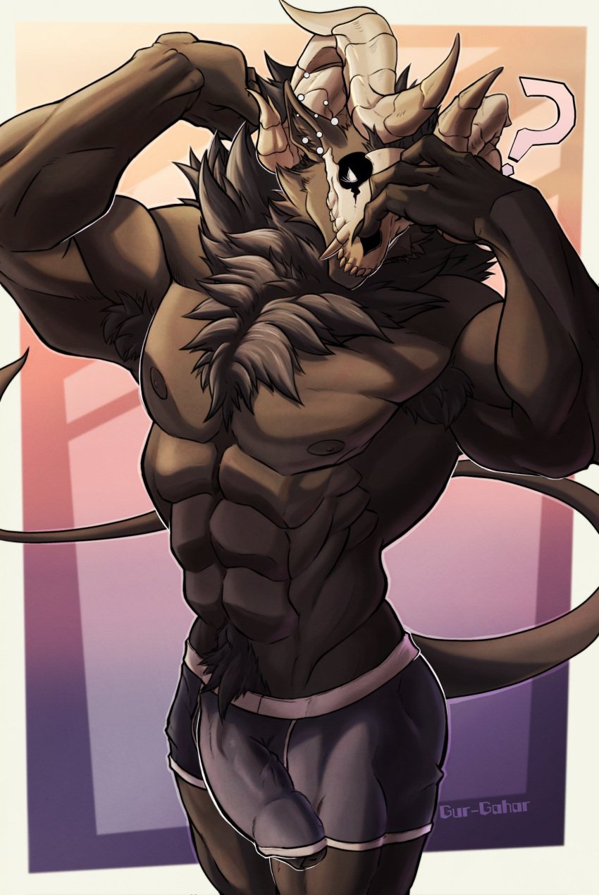 abs anthro armpit_hair biceps body_hair bone bulge clothing digital_drawing_(artwork) digital_media_(artwork) erection foreskin fur genitals gur-gahar hi_res horn male muscular muscular_male nipples penis pubes roderick_(elsifthewolf) skull skull_head tail underwear