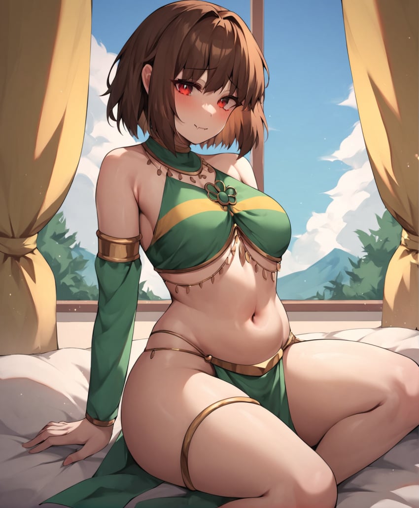 1girls ai_generated bare_shoulders brown_hair chara curvy dancer_outfit detached_sleeves female female_only gardener_ai green_clothing harem_outfit loincloth midriff navel pelvic_curtain pony_diffusion_xl red_eyes short_hair sitting smile solo stable_diffusion stripes thick_thighs undertale wide_hips yellow_stripes