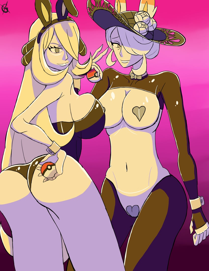 2girls ancestor_and_descendant blonde_hair bunny_ears bunnysuit cogita_(pokemon) cynthia_(pokemon) multiple_girls nintendo old_woman pokeball pokemon pokemon_dppt pokemon_legends:_arceus reverse_bunnysuit white_hair