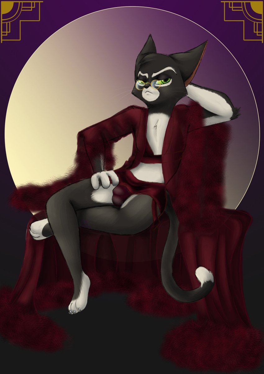 1boy anthro black_fur bulge feline feminine_male furry glasses lackadaisy lingerie male male_only mammal mordecai_heller novadoesart paws skin_tight tail webcomic white_fur