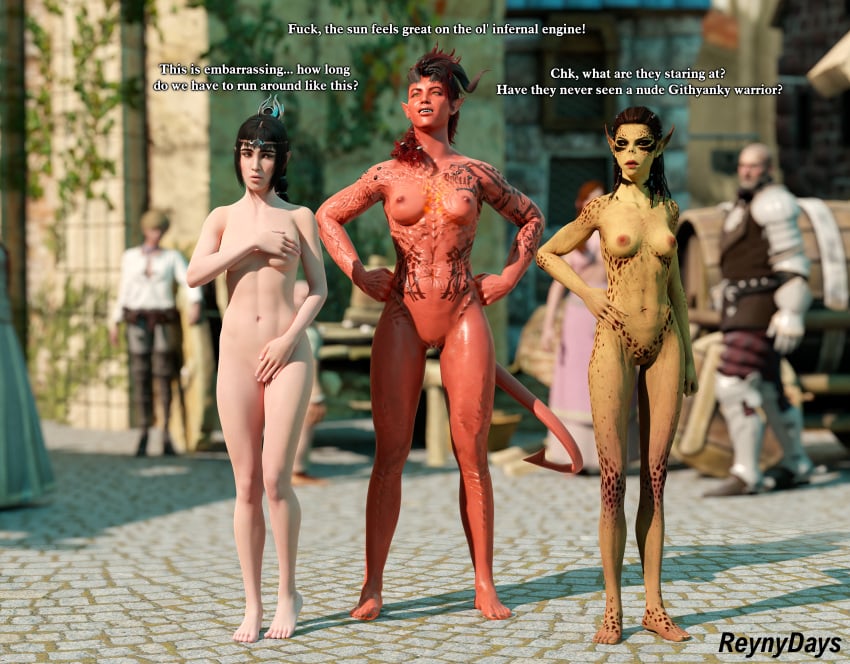 3d 3girls absurd_res artist_upload ashamed baldur's_gate baldur's_gate_3 black_toenails blender breasts caption casual covering_breasts covering_crotch dungeons_and_dragons embarrassed embarrassed_nude_female embarrassed_nude_female_unashamed_female english_text exposed exposed_breasts exposed_pussy feet female female_focus forgotten_realms front_view full_body githyanki half-elf hi_res karlach lae'zel multiple_girls nude nude_in_public pale_skin public public_exposure public_nudity reynydays self_upload shadowheart shaved_pussy signature stripped stripped_naked text tiefling unashamed