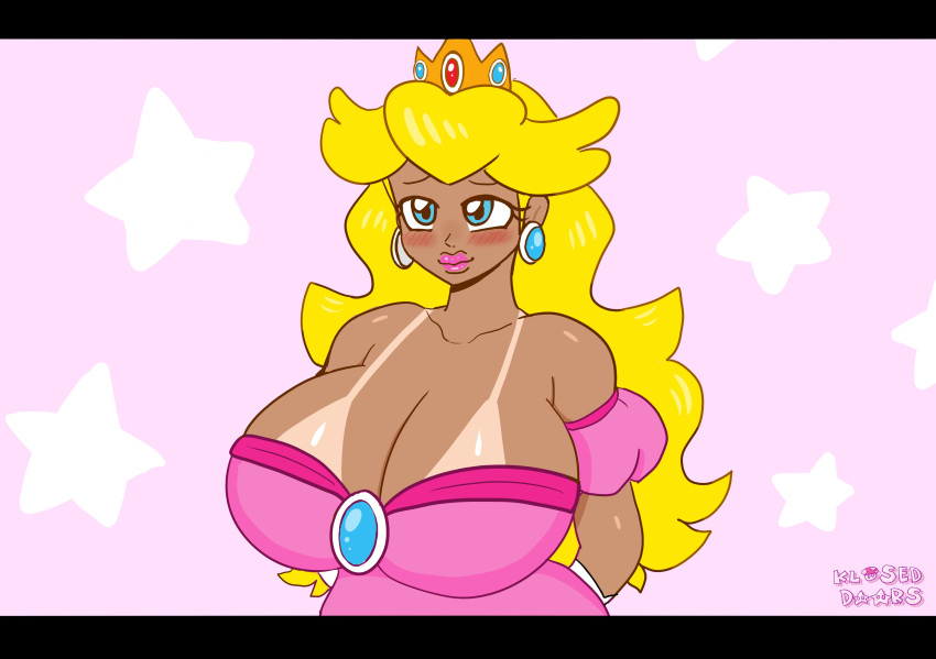 1girls alternate_breast_size big_breasts blonde_hair blue_eyes blush breasts breasts_bigger_than_head bust cleavage clothed clothing crown earrings female female_only hands_behind_back huge_breasts kloseddoors lipstick mario_(series) pink_clothing princess_peach tan_body tanline