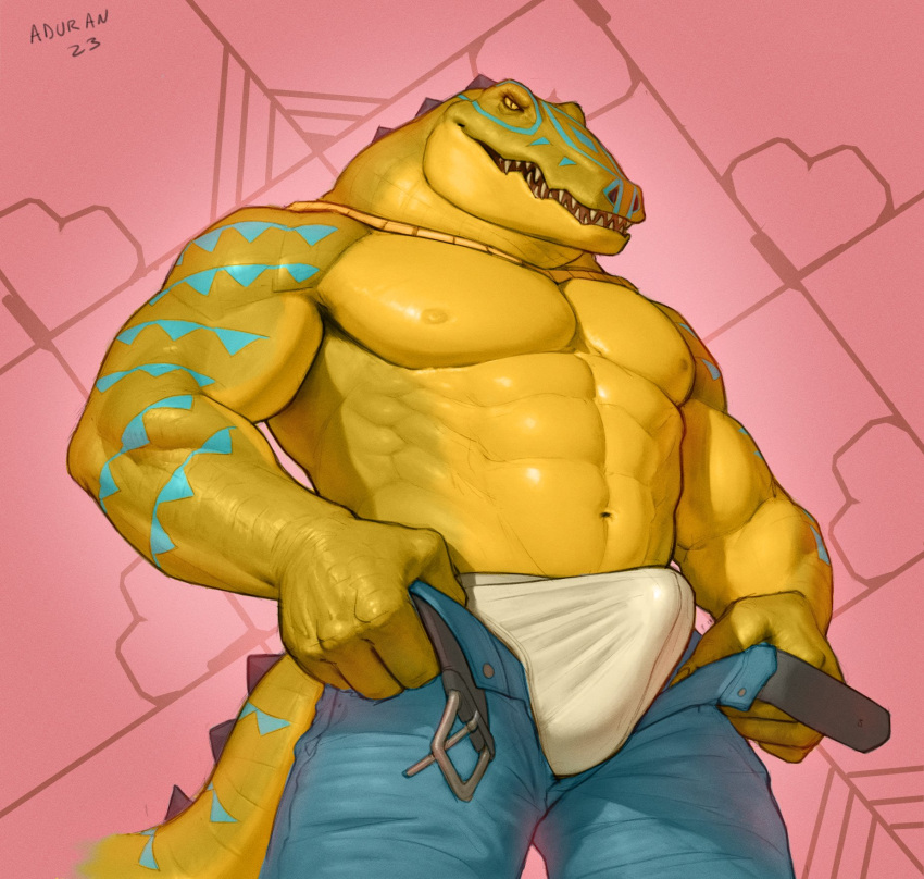 abs aduran alley-gator anthro belt blue_markings bottomwear clothed clothing crocodilian erection erection_under_bottomwear erection_under_clothing green_body hi_res looking_at_viewer male male_only markings multicolored_body muscular muscular_anthro muscular_male navel nipples onepotatoatime pants pecs pink_background pupils reptile scalie simple_background slit_pupils solo spiked_tail spikes spikes_(anatomy) supa_team_4 tail teeth two_tone_body underwear undone_belt yellow_sclera