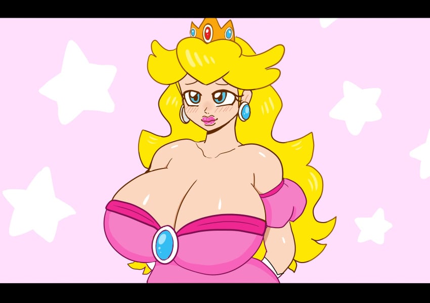 1girls alternate_breast_size big_breasts blonde_hair blue_eyes blush breasts breasts_bigger_than_head bust cleavage clothed clothing crown earrings female female_only hands_behind_back huge_breasts kloseddoors light-skinned_female light_skin lipstick mario_(series) pink_clothing princess_peach