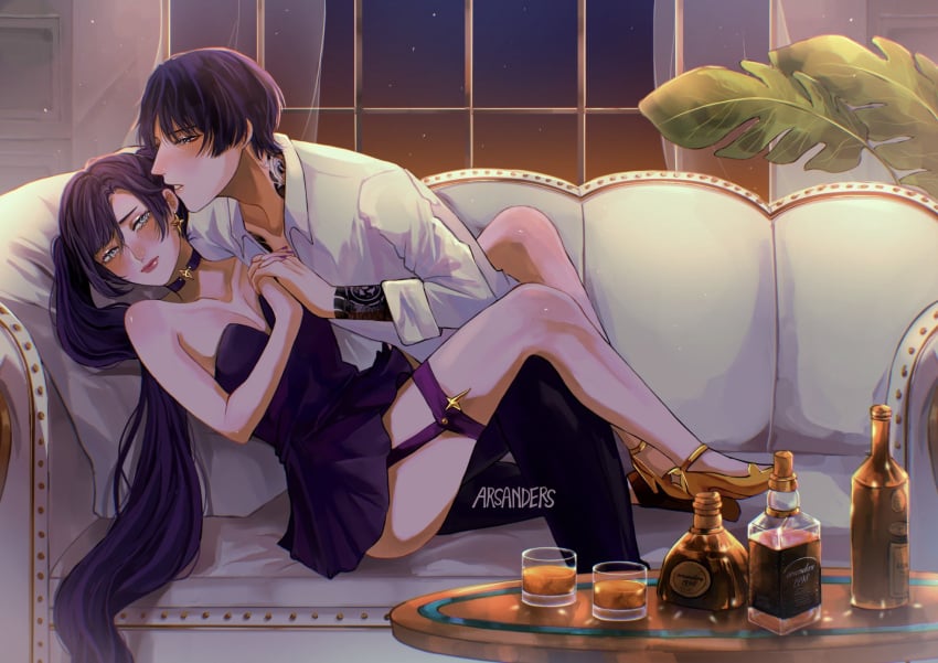 1boy 1girls alcohol arsanders between_legs blush blush_lines collarbone female garter_straps genshin_impact holding_hands interlocked_fingers legs_around_partner long_hair male male/female mona_(genshin_impact) on_couch purple_hair romantic scaramouche_(genshin_impact) short_dress straight strapless_dress tattoo