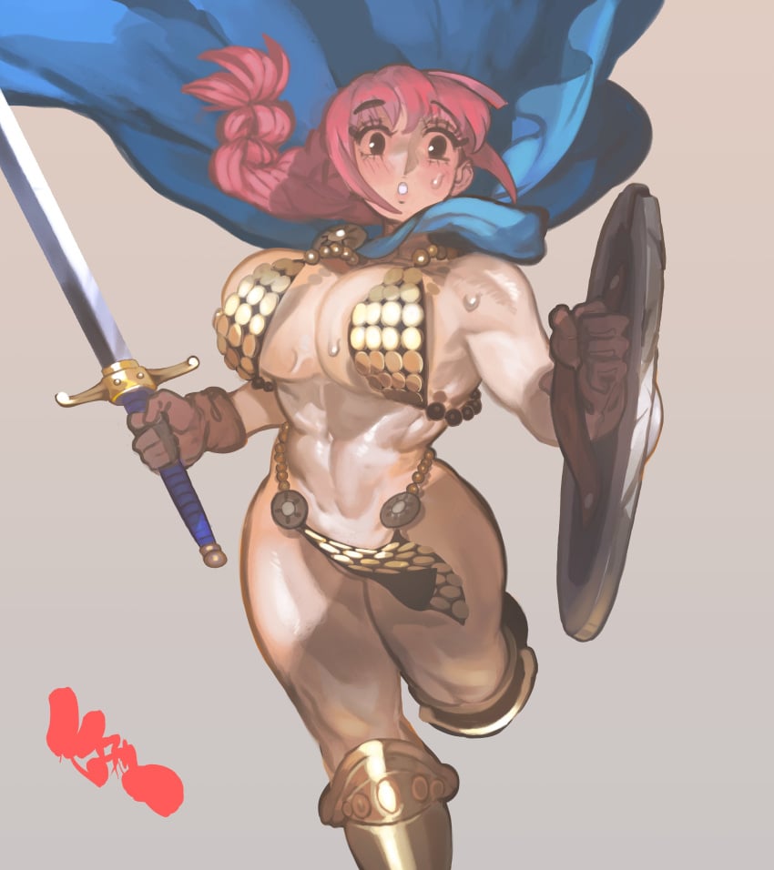 1girls 2023 armor big_breasts bikini bikini_armor blush boots bouncing_breasts bra braid braided_hair breasts cape cleavage clothed_female female female_focus female_only gladiator gloves hips keziedra large_breasts loincloth metal_bikini muscular muscular_female one_piece pale_skin panties pink_hair rebecca_(one_piece) running shield single_braid skimpy sweat sweatdrop sword thick_thighs