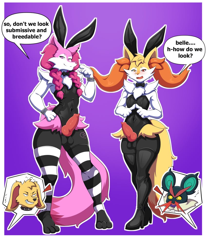 aaron_akio absurd_res aljune_art anthro belle_the_noivern bird_dog braixen bunny_costume canid canine canis clothing costume domestic_dog female generation_6_pokemon girly golden_retriever group hi_res hunting_dog knot male male/male mammal miller_retriever nintendo noivern pokemon pokemon_(species) retriever rex_the_braixen_maid