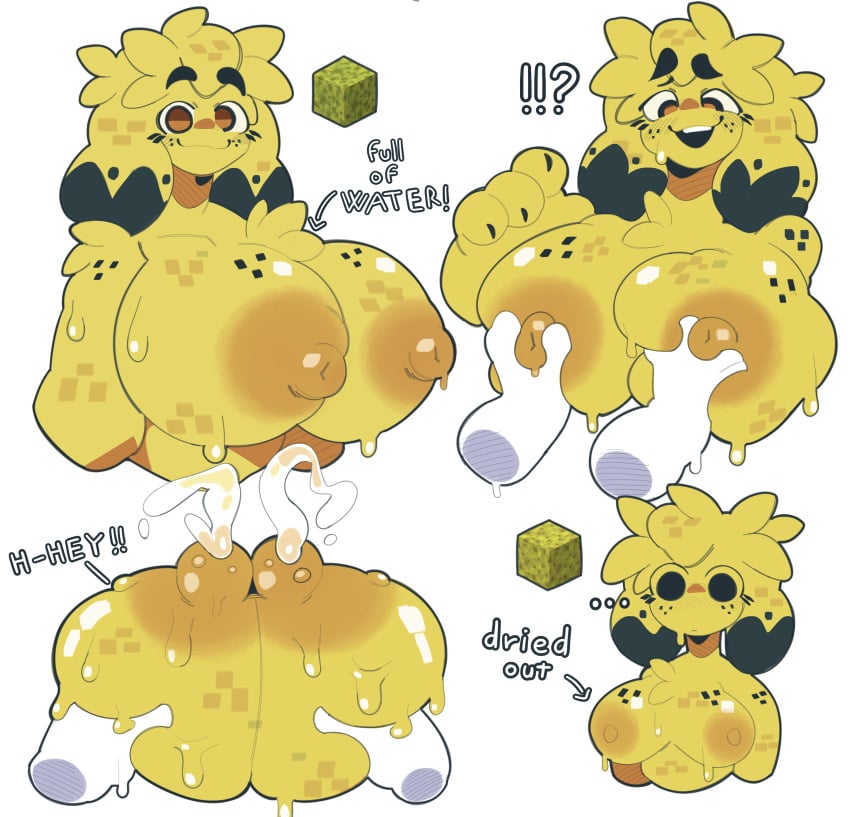 1girls anthro breast_shrinking coblestonic female female_only huge_breasts inflation milk_squirt milking minecraft minecraft_anthro_block non-milk_lactation orange_eyes personification plantany sponge sponge_block-chan stonicstonic tagme yellow_body