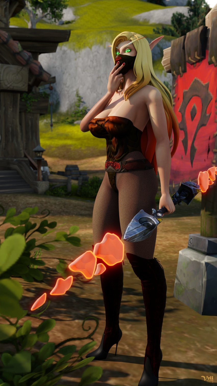 big_breasts blonde_hair blood_elf blue_eyes dildo_gag elf elf_ears female gagged glowing_eyes high_heels knee_boots mask_gag pointy_ears standing vell(vellektra) vellektra weapon world_of_warcraft