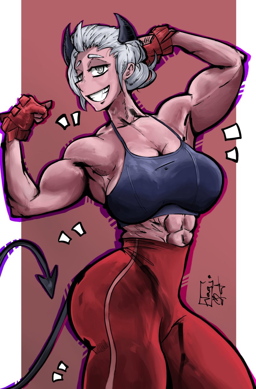 1girls abs biceps evangel_babango female flexible flexing flexing_bicep gym_clothes helltaker horns justice_(helltaker) muscle_girl muscles muscular muscular_female reference_image solo solo_female thighs tomboy