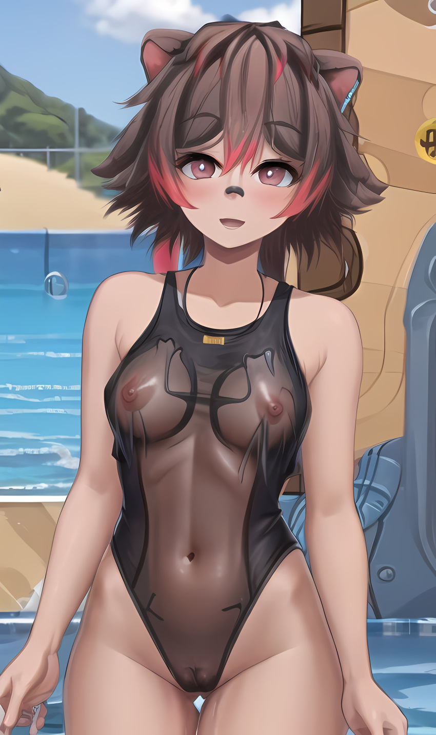 1girls ai_generated brown_hair ghostlydiffusion owozu pool raccoon rakkun swimsuit virtual_youtuber vtuber