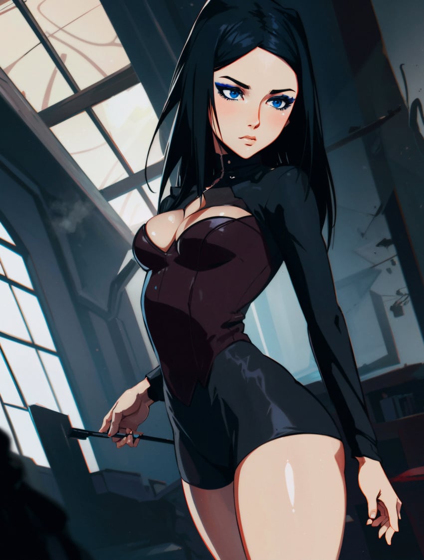 ai_generated black_hair blue_eyes blue_eyeshadow breasts dark_clothing ergo_proxy eyeshadow female female_only goth_girl pale pale-skinned_female re-l_mayer small_breasts tagme thick_thighs thighs