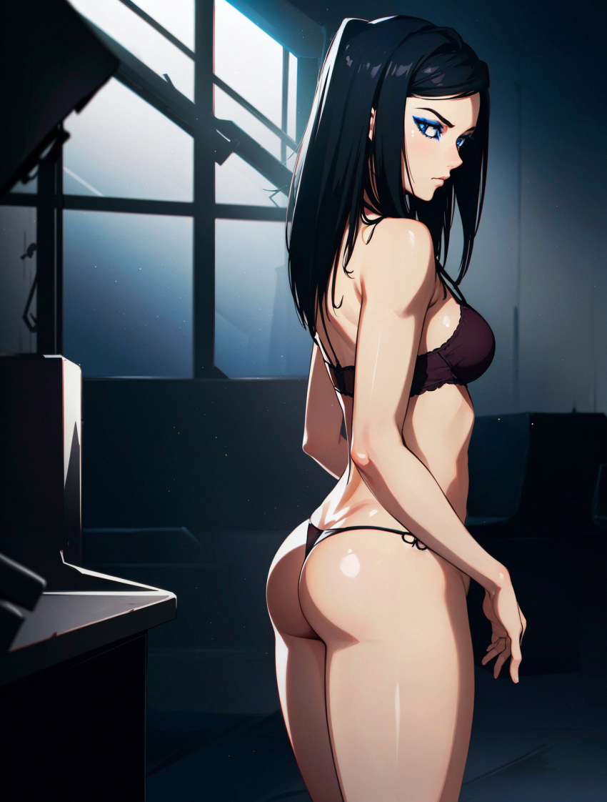 ai_generated ass black_hair blue_eyes blue_eyeshadow curvy_figure ergo_proxy eyeshadow female female_only goth goth_girl pale-skinned_female pale_skin re-l_mayer tagme underwear