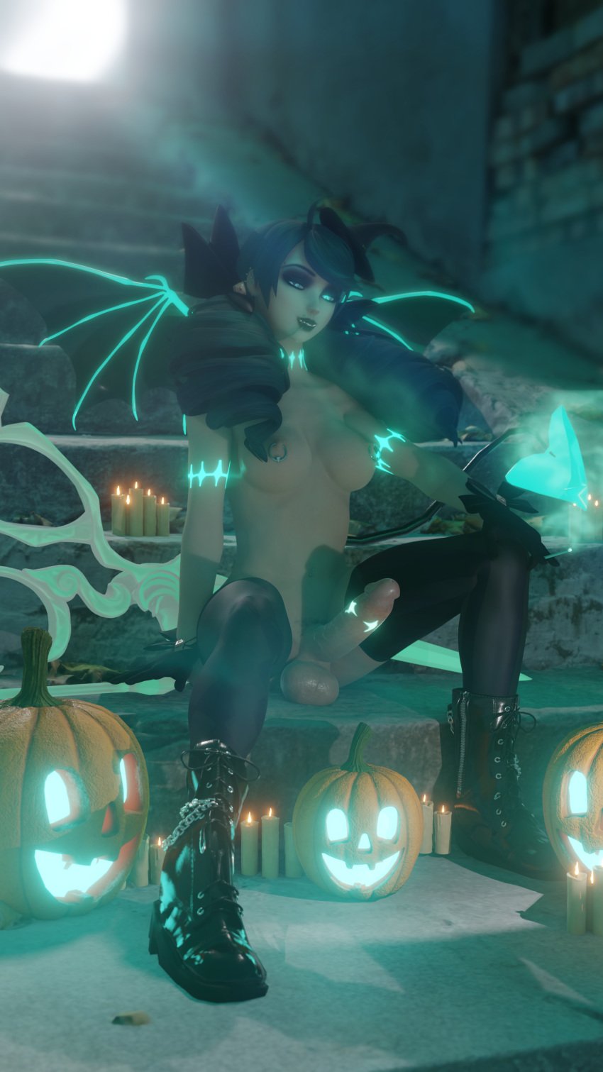 1futa 3d 3d_(artwork) blender breasts candles cigarette dickgirl futa_only futanari gwen_(league_of_legends) league_of_legends looking_at_viewer nude otaviox6 piercings pumpkin smoking