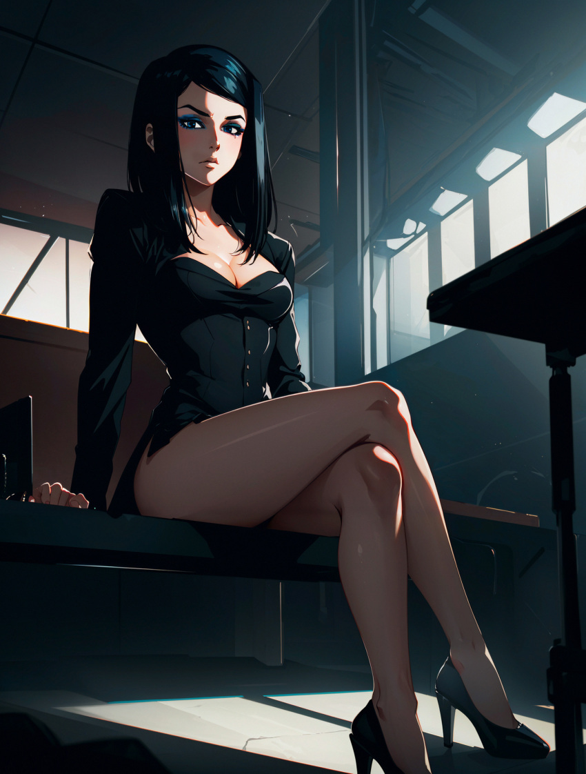 ai_generated black_dress black_hair blue_eyes blue_eyeshadow breasts ergo_proxy eyeshadow female female_only goth_girl legs pale-skinned_female panties re-l_mayer small_breasts tagme