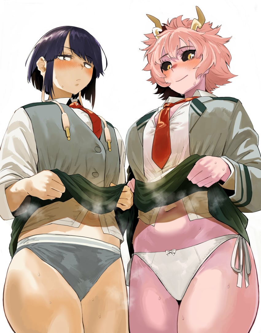 2girls absurdres bikini black_sclera blush boku_no_hero_academia closed_mouth clothes_lift collared_shirt colored_sclera colored_skin female female_only grey_vest hero_neisan highres kyoka_jiro lifted_by_self looking_at_viewer medium_hair mina_ashido multiple_girls my_hero_academia navel necktie panties pink_hair pink_skin purple_hair red_necktie school_uniform shirt simple_background skirt skirt_lift smile swimsuit third-party_edit underwear vest white_background white_bikini white_shirt yellow_eyes