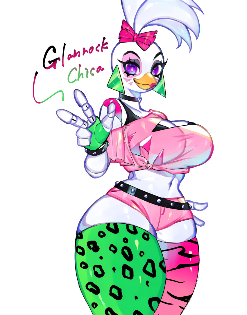 2023 2023s anthro avian belt big_breasts bird bowtie_on_head breasts chicken chicken_girl choker clothing female fingerless_gloves five_nights_at_freddy's five_nights_at_freddy's:_security_breach fnaf galliform gesture glamrock_chica_(fnaf) green_fingerless_gloves legwear lipstick looking_at_viewer multicolored_clothing purple_eyes robot_girl scottgames shorts simple_background solo steel_wool_studios tagme toge77789 togetoge v_sign white_background white_body white_fur