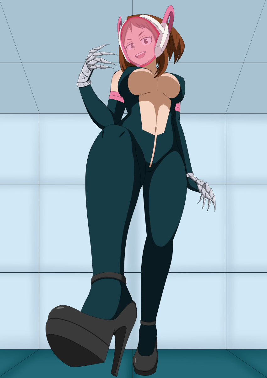 big_breasts bodysuit breasts cleavage high_heels my_hero_academia ochako_uraraka ochako_uraraka_(hero_outfit) pink-tinted_eyewear skin_tight smilingdog thick_thighs tight_clothing tinted_eyewear underboob visor