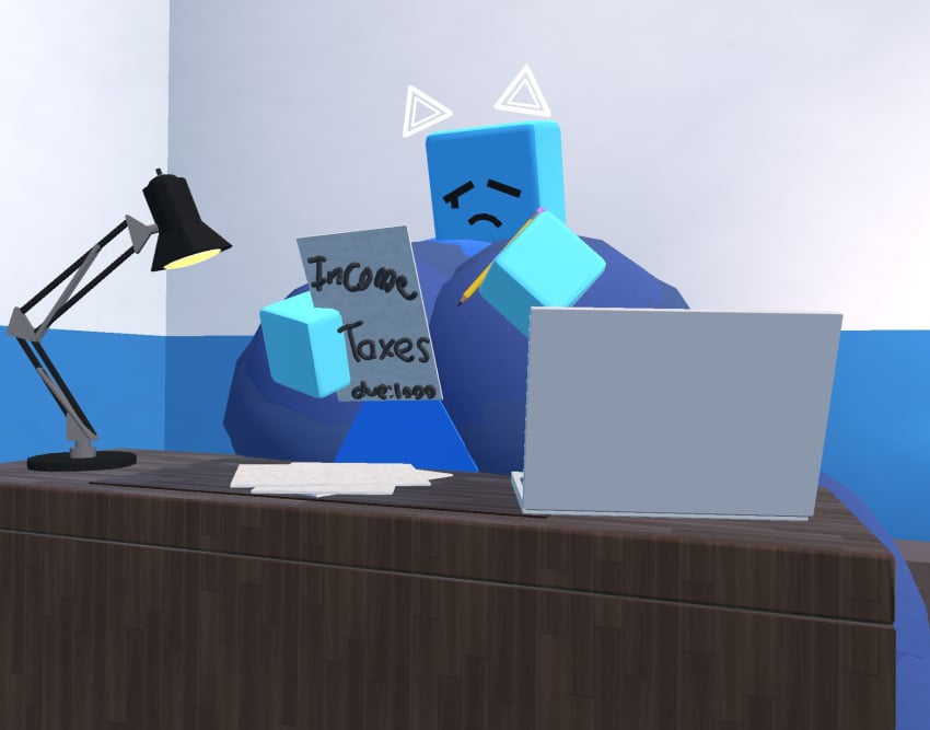 big_ass big_breasts black_eyes black_mouth blue_body blue_clothing blue_hands blue_onesie breasts bubble_ass bubble_butt cube desk female female_only glowing income_tax just_shapes_and_beats laptop meme no_arms paper paying_taxes pencil rec_room recroom sad_cube weirdmaker43