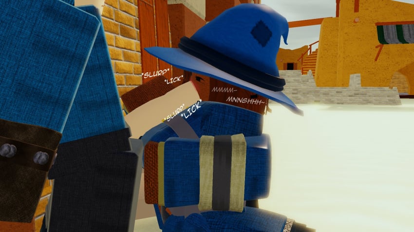 1boy 1girls 3d arsenal_(rolve) artist_request blowjob clothed_blowjob mechanic_(rolve) mostly_clothed outside roblox roblox_game robloxian rolve scarecrow_(rolve) source_request tagme typical_colors_2