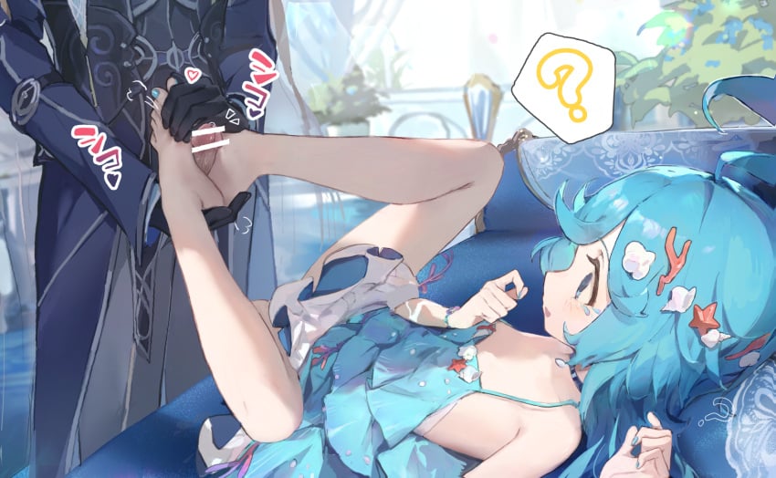 1boy ? bar_censor barefoot black_gloves blue_dress blue_eyes blue_hair blue_nails censored dress feet feet_up female foot_pussy footjob gloves hair_ornament heart highres knees_apart_feet_together legs long_hair long_sleeves luelue_zi lying nail_polish on_back open_mouth penis sleeveless sleeveless_dress solo_focus spoken_question_mark standing straight toenail_polish toenails toes two-footed_footjob wangzhe_rongyao