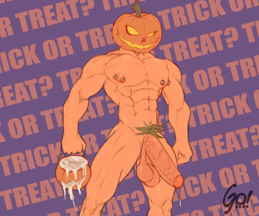 1boy 2023 balls bara bara_tits barazoku big_balls big_penis completely_nude cum cum_drip cum_dripping_from_penis gay genital_fluids golewdgo halloween hi_res highres holidays jack-o'-lantern jack_o'_lantern male male_focus male_nipples male_only manly muscular_male nipple_piercing nipples nude penis pumpkin pumpkin_head pumpkin_head_(character) solo solo_male yaoi