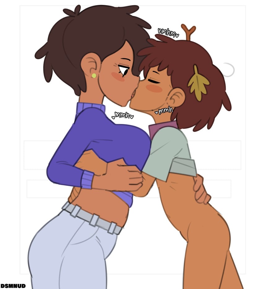 2girls amphibia amphibia_(series) anne_boonchuy ass big_breasts bottomless breasts closed_eyes dark-skinned_female dark_skin disney disney_channel dsmnup earrings incest jeans kissing lesbian_kiss looking_at_another looking_up looking_up_at_partner milf mother mother_and_daughter mrs._boonchuy multiple_girls oum_boonchuy text yuri