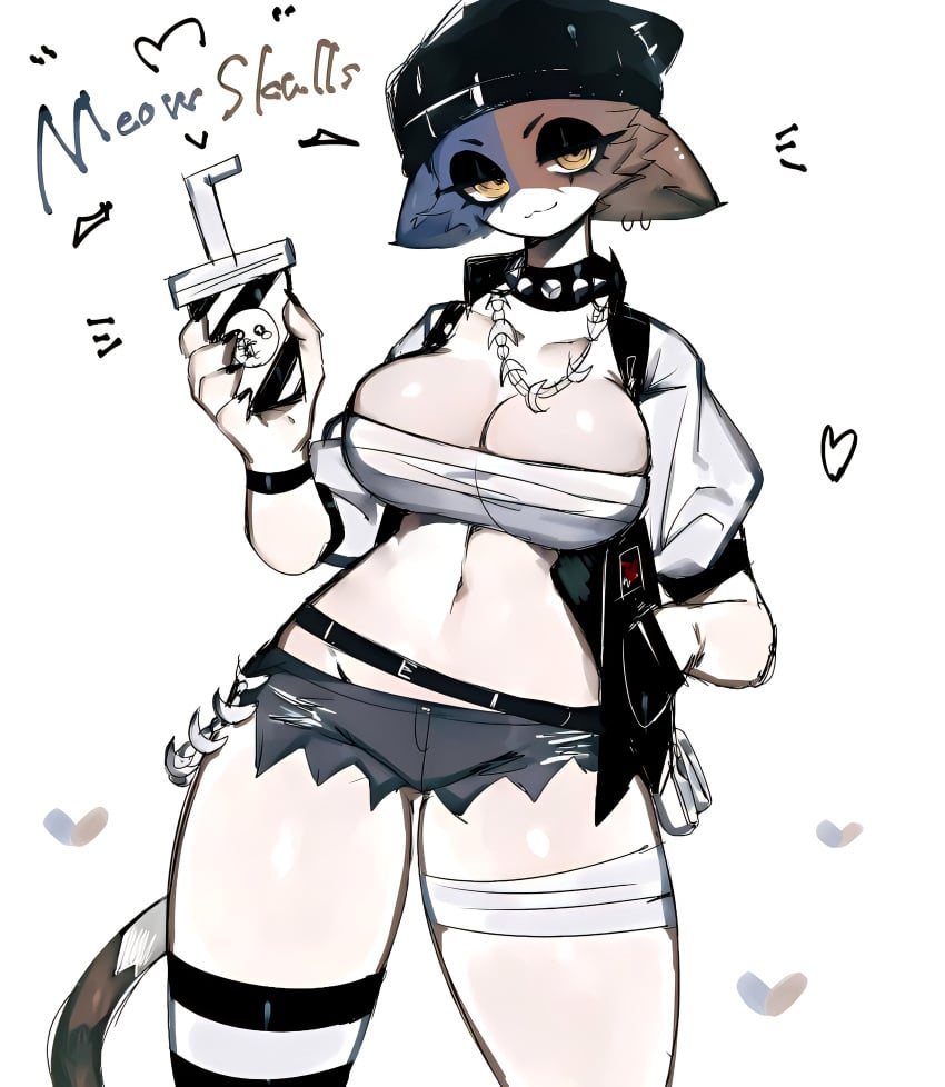 2023 2023s animal_ears anthro belly_button belt big_breasts black_eyeshadow blue_fur breasts brown_fur calico_cat cape cat_ears cat_tail catgirl clothes ear_piercing epic_games felid feline felis female fortnite fur furry goth heart holding_object huge_breasts huge_thighs legwear looking_at_viewer meow_skulls_(fortnite) navel necklace one_legwear shorts simple_background solo_female spiked_collar striped_legwear tagme tail thick_thighs three_tone_fur toge77789 togetoge tricolor tricolor_fur white_background white_fur wide_hips yellow_eyes