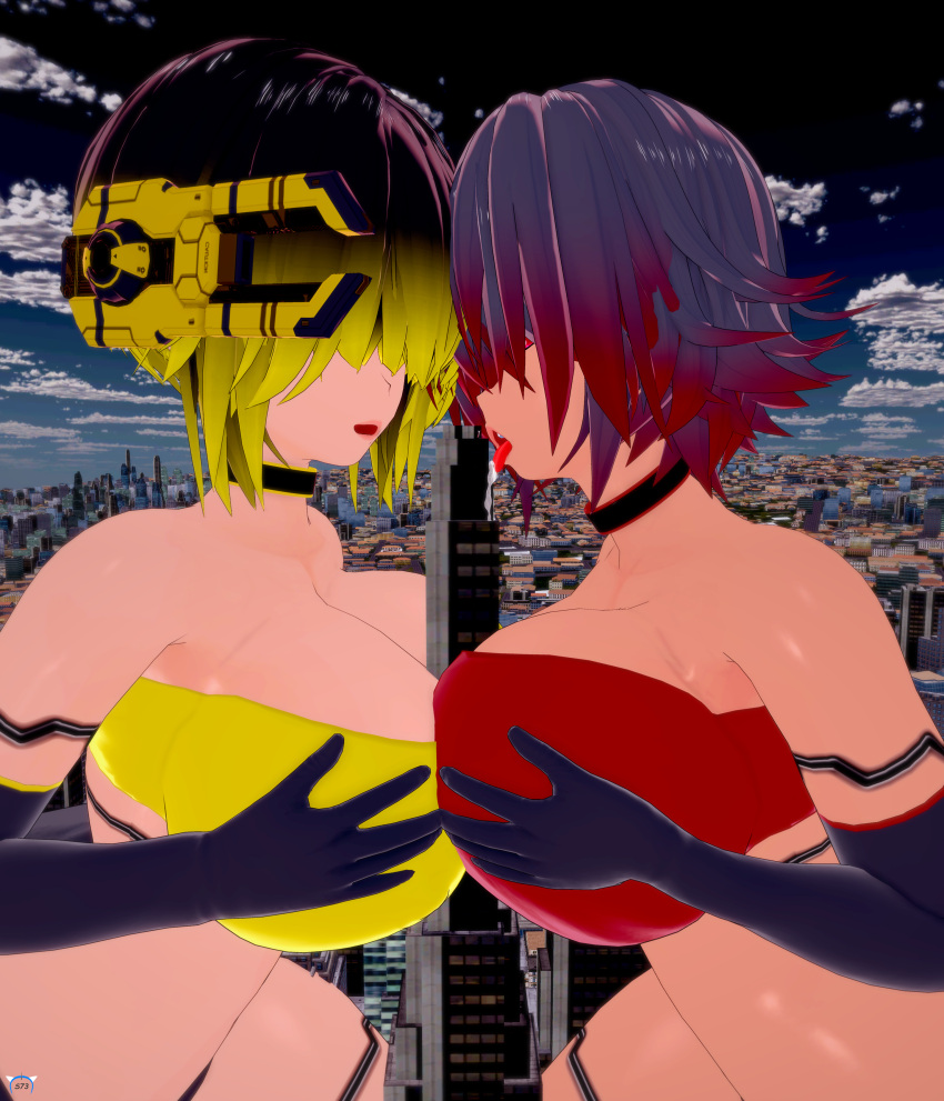 2girls 3d android breasts_bigger_than_head building_sex carmine_(steele734) choker double_paizuri eyes_covered giantess hair_over_eyes huge_breasts koikatsu large_breasts larger_female licking open_mouth paizuri saliva sally_(fondler) size_difference steele734_(artist) tagme tongue_out