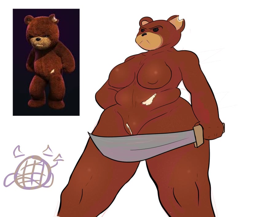 absurd_res anthro bear big_breasts breasts chubby_female discodemon female genitals hand_on_hip hi_res holding_object holding_sword holding_weapon living_toy logo mammal melee_weapon mtf_crossgender naughty_bear notched_ear nude overweight overweight_female plushie pussy reference_image rule_63 slightly_chubby solo stuffing_(material) sword teddy_bear_(species) weapon