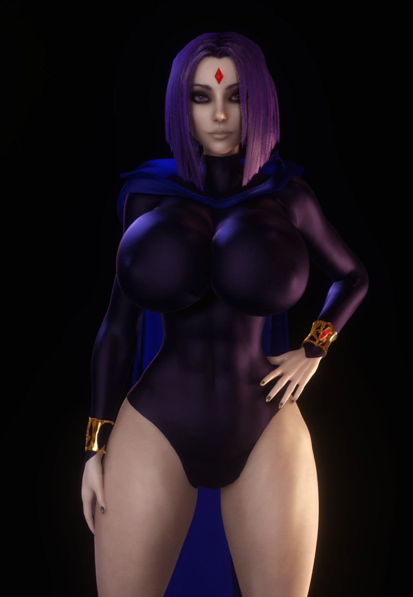 1girls 3d 3d_(artwork) abs alternate_breast_size bodysuit breasts_bigger_than_head cape dc dc_comics female female_only gigantic_breasts grey_skin hand_on_hip hand_on_thigh hourglass_figure huge_breasts looking_at_viewer nipples nipples_visible_through_clothing purple_eyes purple_hair rachel_roth raven_(dc) skin_tight skindentation small_waist solo solo_female superhero superheroine teen_titans thick_thighs thighs thin_waist top_heavy upper_body vaako wasp_waist wide_hips