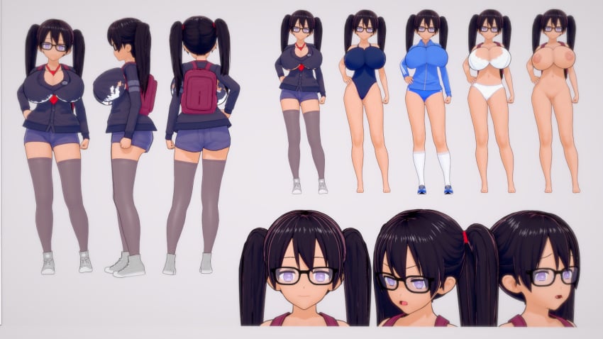 1girls 3d 3d_(artwork) ass backpack barefoot big_ass big_breasts big_butt black_hair blue_buruma blue_one-piece_swimsuit blue_sneakers blue_swimsuit bra breasts buruma character character_profile character_sheet covered_navel female female_only geek_girl_gwen glasses jean_shorts koikatsu long_hair long_sleeves looking_at_viewer meet_'n'_fuck_games meet_and_fuck navel nipples nude nude_female panties pussy reference_image reference_sheet short_shorts smiling sneakers solo swimsuit swimwear thighhighs tie track_jacket twintails white_bra white_panties white_sneakers