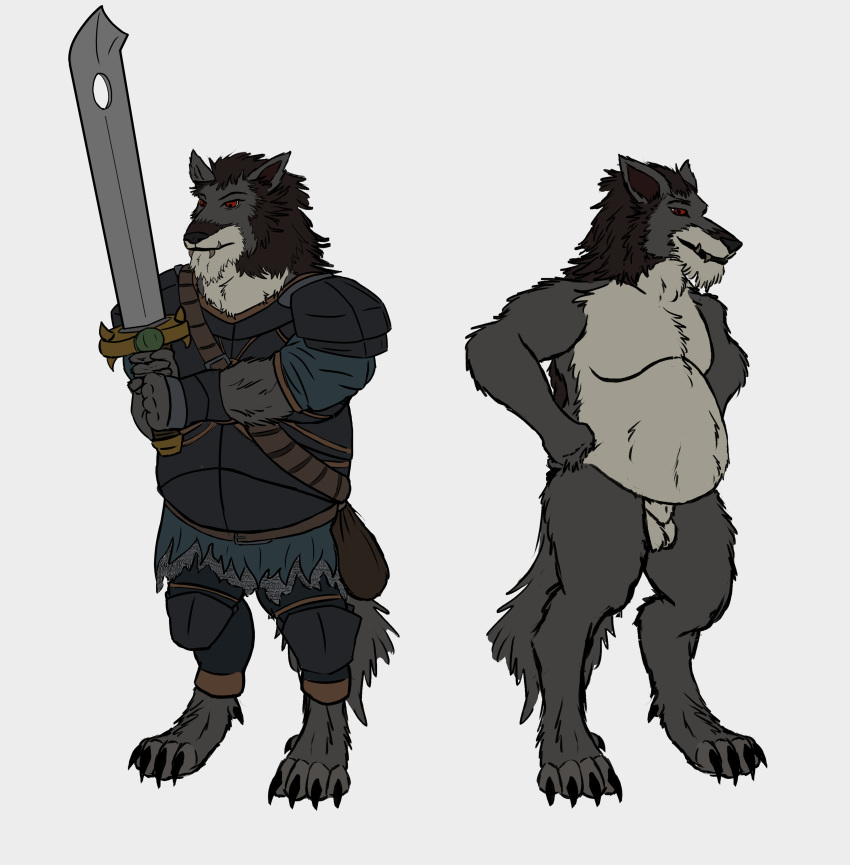 absurd_res animal_genitalia anthro armor balls belly canid canine canis chainmail chubby_male digitigrade genitals hair hi_res homebrew long_hair male mammal mauken melee_weapon paladin sheath snaggle_teeth solo sword ulrik_eklund weapon were werecanid werecanine werewolf wolf yenocwolf