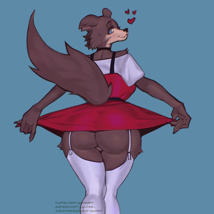 anthro ass barely_visible_genitalia barely_visible_pussy beastars big_butt blue_eyes brown_body brown_fur canid canine canis choker clothed clothing dress female fluffy fluffy_tail fur furgonomics garter_straps genitals heart hi_res jewelry juno_(beastars) legwear mammal necklace no_underwear presenting presenting_hindquarters pulred pussy raised_tail rear_view smile solo standing tail thigh_highs wolf