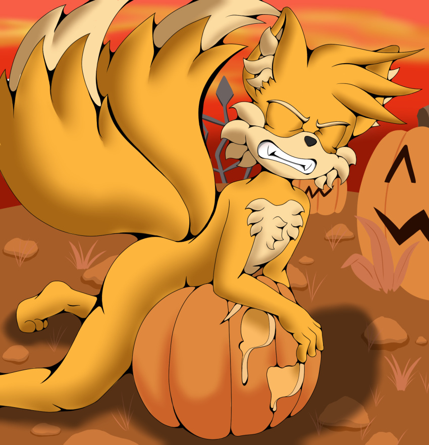 2_tails anthro barefoot canid canine chest_tuft clenched_teeth closed_eyes feet food food_fetish food_play fox foxkai fruit fur hi_res humping improvised_sex_toy inner_ear_fluff jack-o'-lantern male mammal multi_tail nude plant pumpkin sega sky solo sonic_(series) sonic_the_hedgehog_(series) tail tails tan_body tan_fur teeth tuft yellow_body yellow_fur