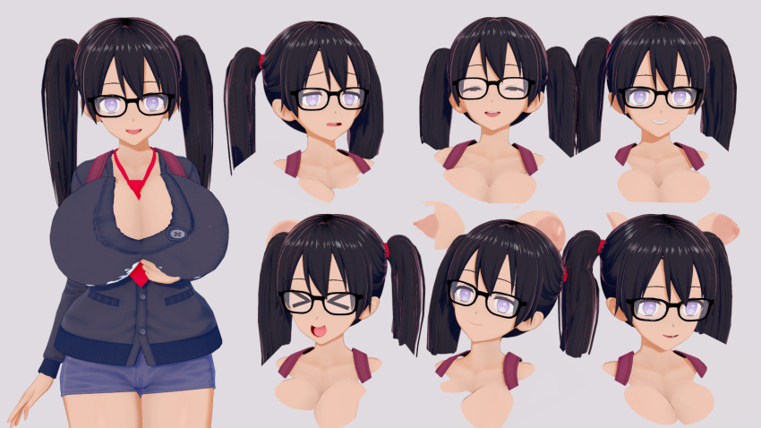 3d 3d_(artwork) big_breasts black_hair character character_profile character_sheet geek_girl_gwen glasses koikatsu looking_at_viewer meet_'n'_fuck_games meet_and_fuck pigtails reference_image reference_sheet smiling