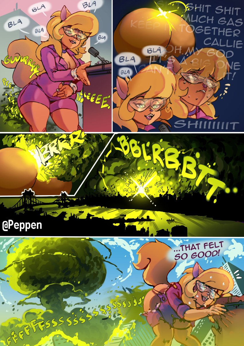 1girls 2d 2d_(artwork) ass big_ass big_breasts big_butt big_thighs blonde_hair boobs callie_briggs chubby chubby_female city_destruction cleavage deadly destroyed_building destroyed_clothing destruction fart fart_cloud fart_everywhere fart_fetish farting farts female furry gassy gassy_female glasses hanna-barbera huge_fart hyper_fart mushroom_cloud peppen_(artist) ripped_clothing suit swat_kats sweat sweatdrop sweating tail text text_bubble thick_thighs