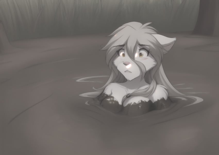 ai_generated keidran mud muddy naked nude quicksand raine_silverlock silver_hair stable_diffusion twokinds white_fur wolf_girl