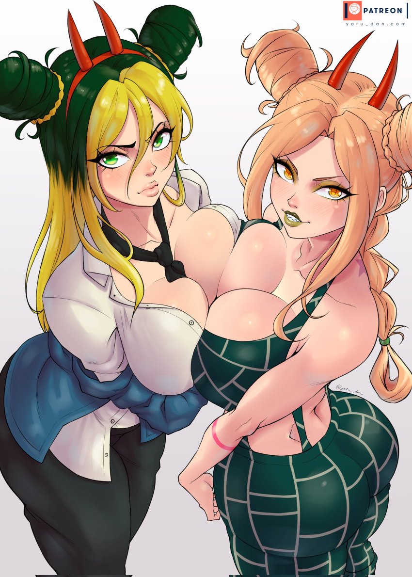 2girls alternate_costume ass bare_shoulders big_ass big_breasts big_butt birthmark blonde_hair blush blush_lines braid braided_hair braided_ponytail breast_press breast_to_breast breasts breasts_to_breasts breasts_together breasts_touching busty chainsaw_man cleavage collared_shirt crossover curvaceous curvy david_productions devil devil_horns double_bun eye_contact female female_focus female_only gray_background green_eyes green_hair green_lips green_lipstick grey_background hair_bun hair_buns halloween hi_res high-angle_view high_resolution highres horns joestar_birthmark jojo's_bizarre_adventure jolyne_kujo large_ass large_breasts light-skinned_female light_skin lipstick long_hair looking_at_viewer looking_up mappa multicolored_hair multiple_girls orange_eyes orange_hair outfit_swap pov_eye_contact power_(chainsaw_man) shirt shounen_jump simple_background stone_ocean tie two-tone_hair two_tone_hair viewed_from_above voice_actor_connection voluptuous voluptuous_female white_background white_shirt yellow_eyes yoru_dan