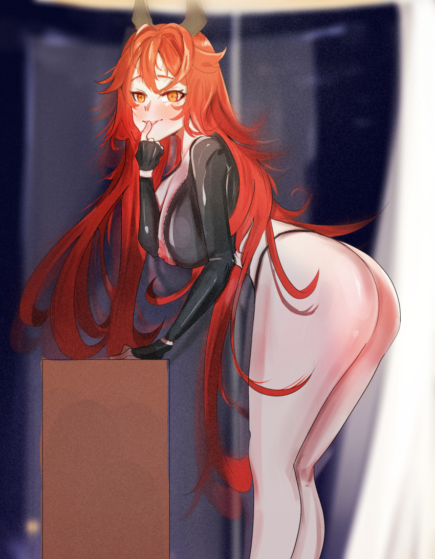 big_ass goddess_of_victory:_nikke long_hair looking_at_viewer mosshimossu red_hair red_hood_(nikke) standing