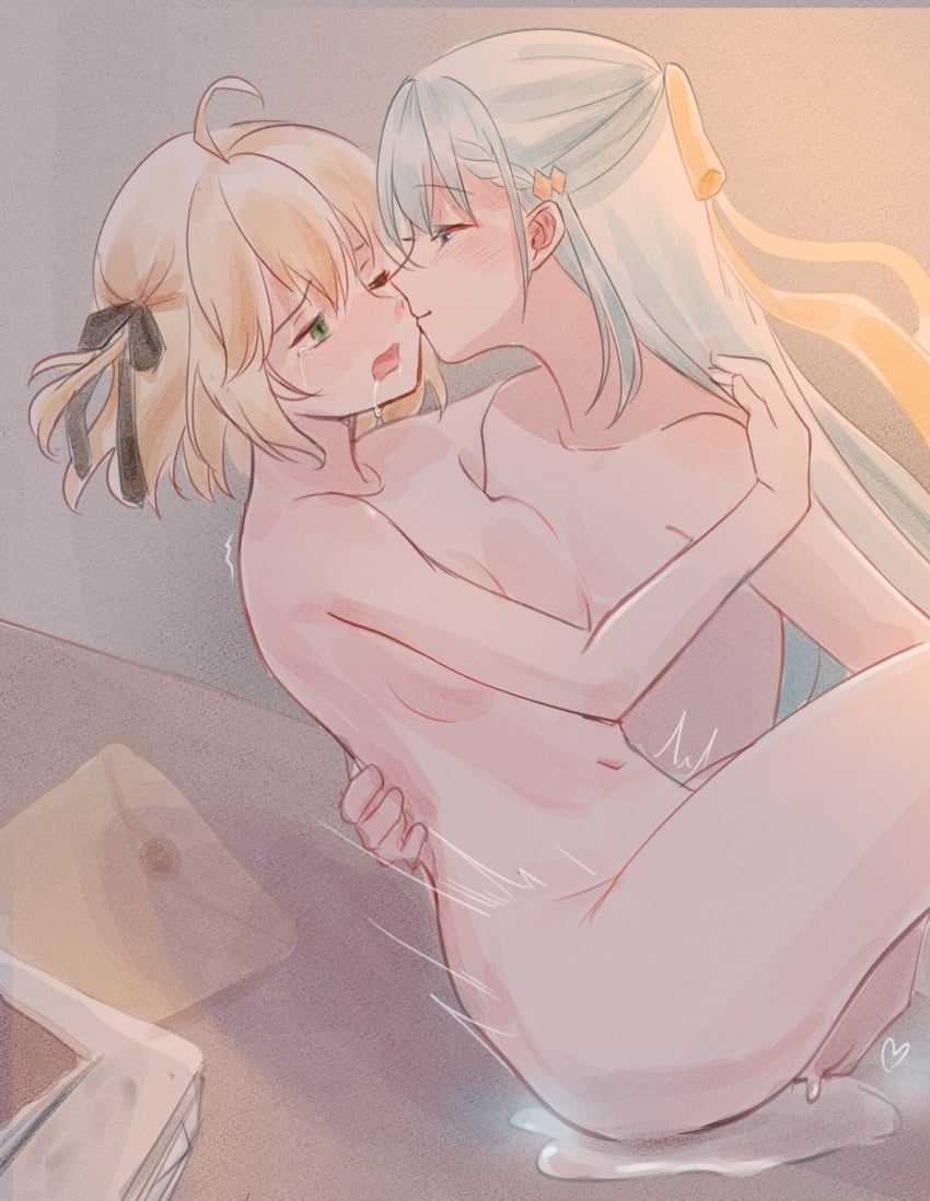 2girls anisphia_wynn_palettia black_ribbon blonde_hair blue_eyes blush breast_press euphyllia_magenta fingering fingering_partner green_eyes grey_hair hair_ribbon hand_on_another's_back hand_on_another's_shoulder heart highres long_hair looking_at_another medium_hair moaning multiple_girls nude open_mouth pussy_juice ribbon risai saliva smile tearing_up tensei_oujo_to_tensai_reijou_no_mahou_kakumei vaginal_penetration very_long_hair yellow_ribbon yuri