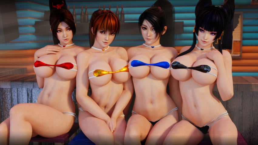 3d 4girls adeptusinfinitus beach big_breasts bikini black_hair blender breasts brown_eyes brown_hair choker cleavage dead_or_alive fatal_fury female female_only human kasumi_(doa) king_of_fighters large_breasts long_hair looking_at_viewer mai_shiranui micro_bikini momiji_(ninja_gaiden) multiple_girls nyotengu ponytail posing purple_eyes red_hair sitting suggestive swimsuit take_your_pick