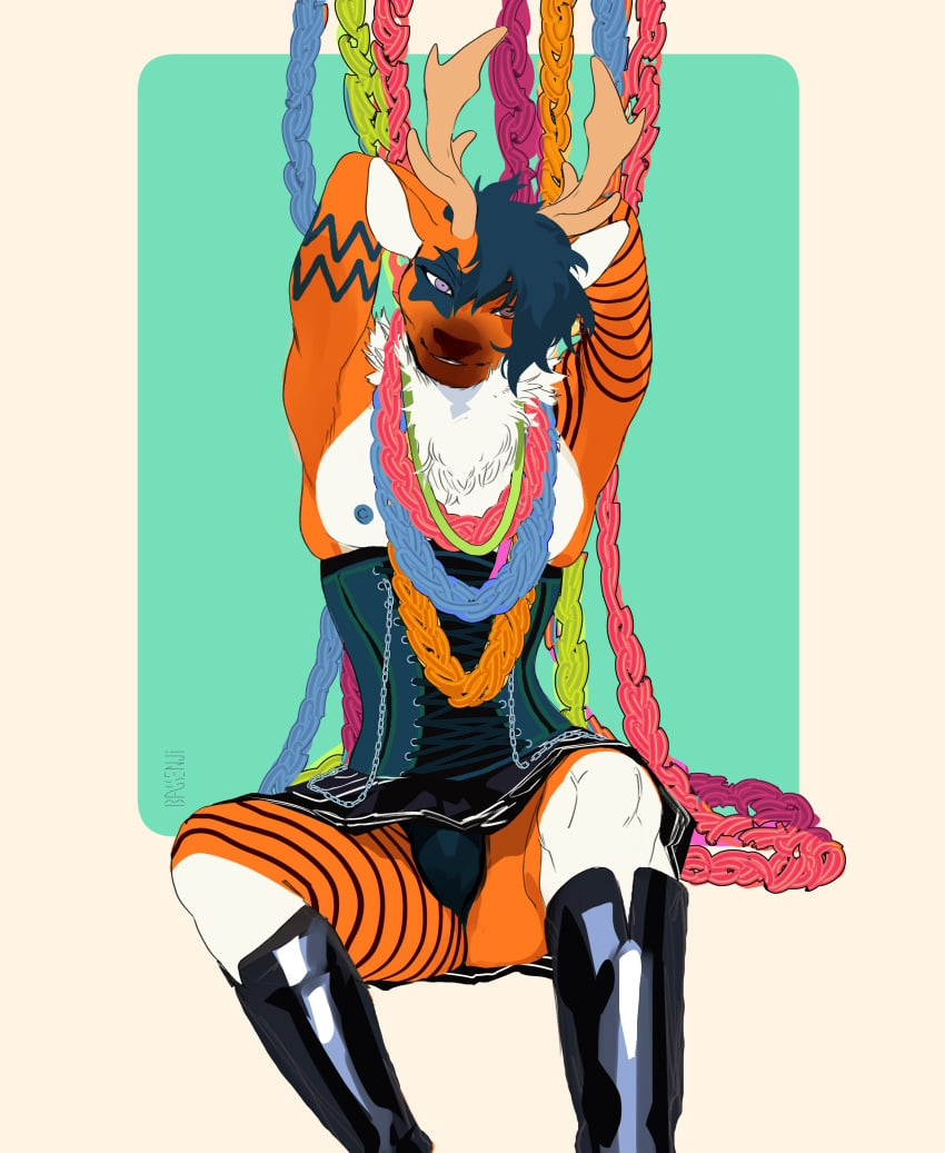 2023 absurd_res anthro antlers arm_markings artist_name bassenji black_clothing black_nose black_stripes black_underwear blue_background blue_hair blue_markings blue_nipples boots bulge chains clothed clothing countershading crossdressing deer digital_media_(artwork) eye_markings footwear front_view fur hair hands_behind_head hi_res horn latex_boots looking_at_viewer male mammal markings nipples orange_body orange_ears orange_fur portrait purple_eyes rubber rubber_boots simple_background sitting smile solo striped_body striped_fur stripes tan_antlers three-quarter_portrait underwear white_background white_body white_countershading white_fur white_inner_ear